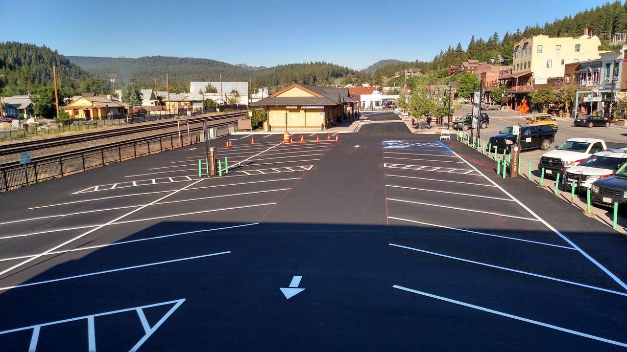 Freshly sealcoated and striped downtown Truckee depot parking lot