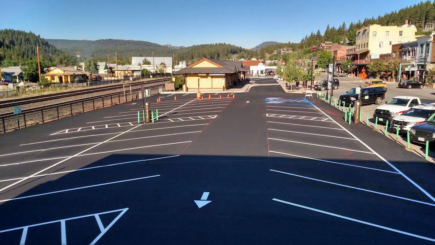A freshly striped commercial parking lot in downtown Truckee.